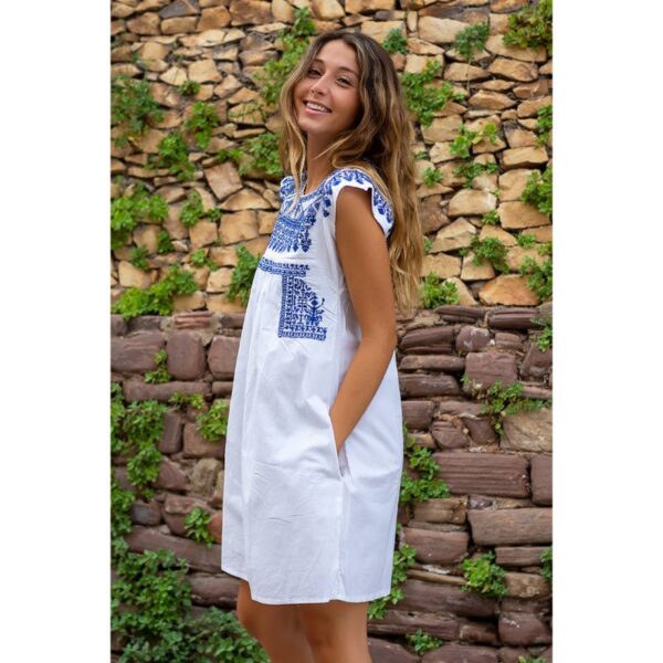White Embroidered Dress with Blue