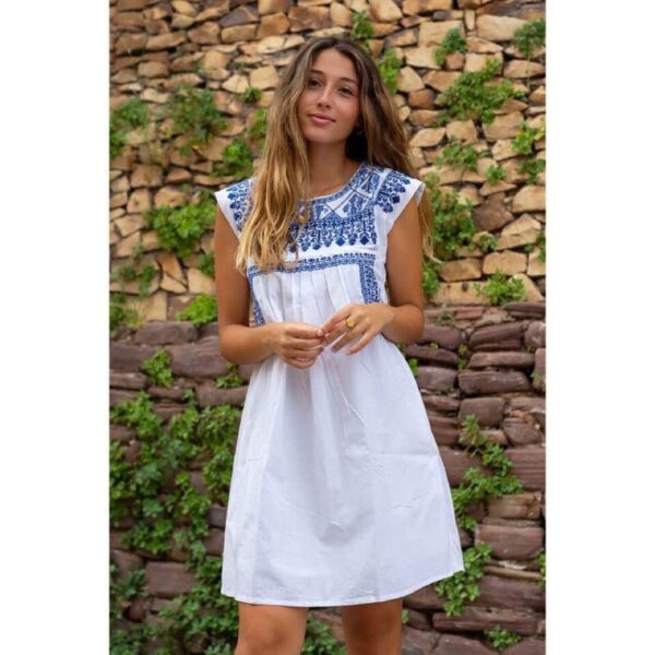 White Embroidered Dress with Blue